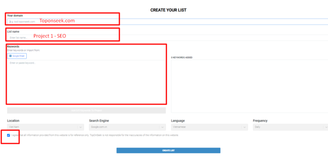Ba phần thông tin gồm your domain, list name và keywords trong Keyword tracker TopOnSeek
