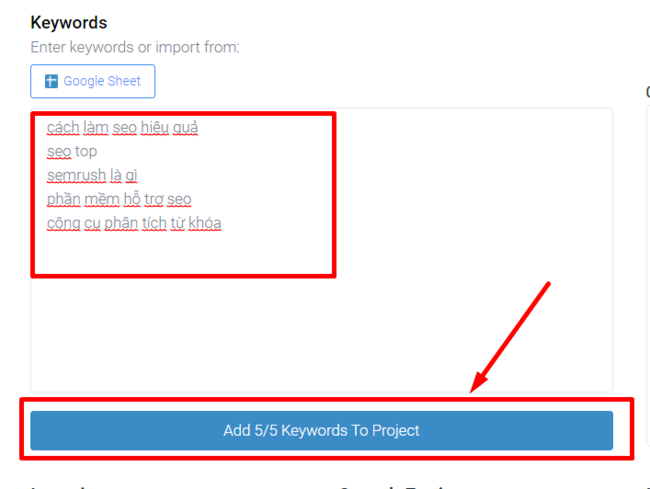 Nhập từ khóa thêm keywords cho dự án bằng công cụ đo lường từ khóa