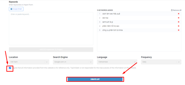 Đồng ý với các điều khoản của công cụ đo lường từ khóa TopOnSeek và tạo danh mục