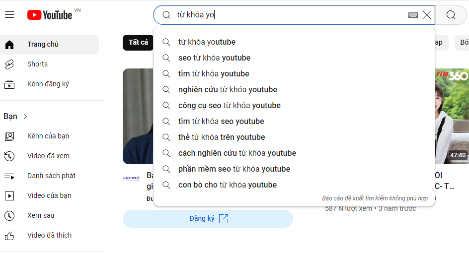 nghiên cứu từ khóa youtube từ phần gợi ý truy vấn từ Youtube