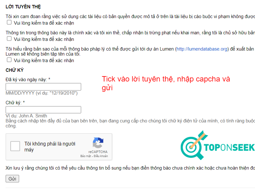 Tick vào lời tuyên thệ và nhập capcha