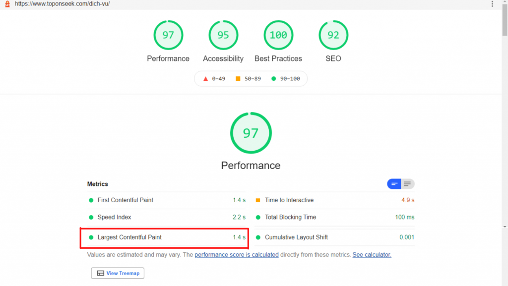 Đo lường Chỉ số LCP qua báo cáo Performance cho trang dịch vụ của Top On Seek