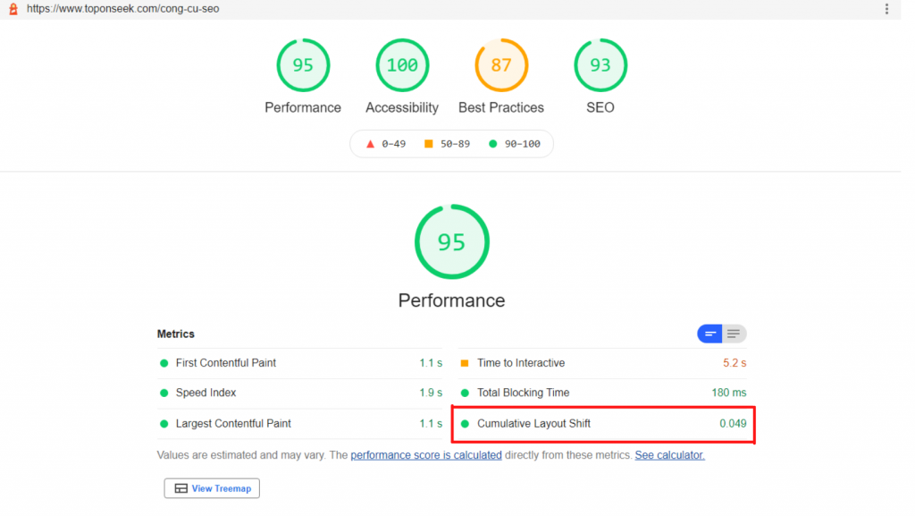 Đo lường chỉ số CLS cho trang Công cụ SEO của Top On Seek