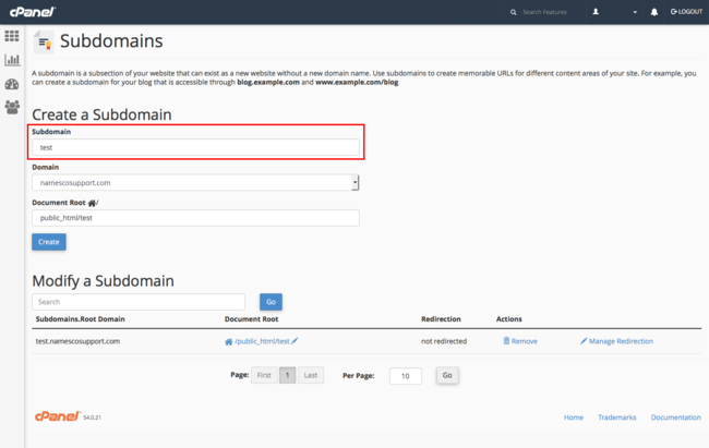 Nhập tên subdomain cần tạo