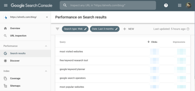 Giao diện công cụ phân tích từ khóa Google Search Console