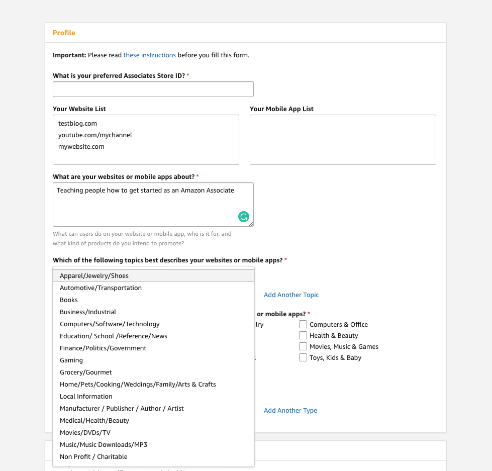 Amazon Affiliate Program sign up Step 3