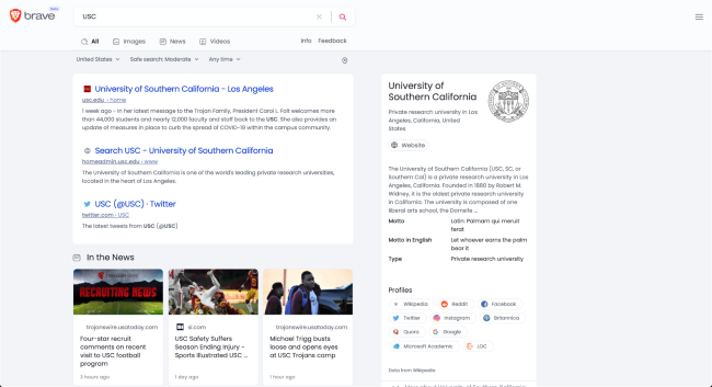 Ảnh chụp màn hình 'USC', Search Engine Brave, tháng 8/2021