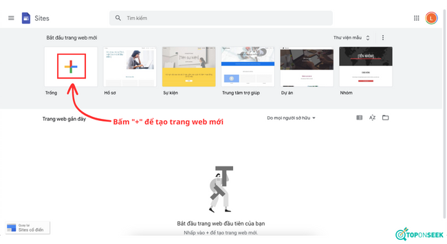 Truy cập vào Google Sites, bấm vào dấu “+” ở góc dưới cùng để bắt đầu.