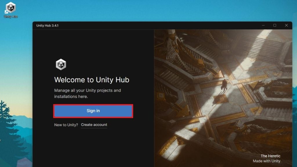 Chọn Sign In để bắt đầu cài đặt Unity