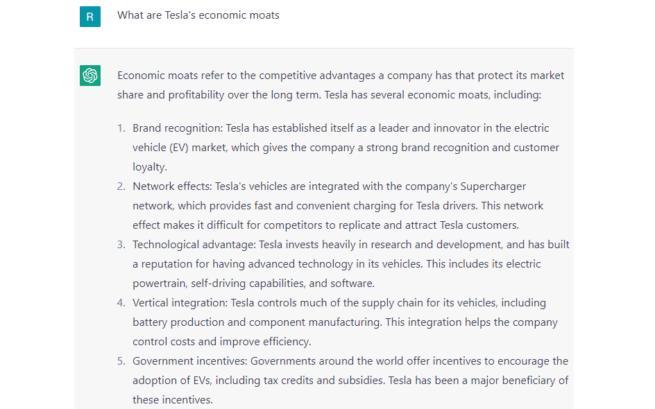 Bạn có thể sử dụng ChatGPT để tìm hiểu về con hào kinh tế của công ty xe điện Tesla của Elon Musk