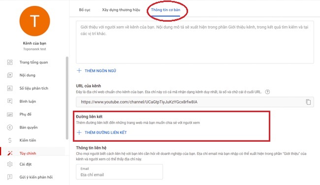 thêm liên kết MXH sau khi hoàn tất tạo 1 kênh Youtube trên máy tính