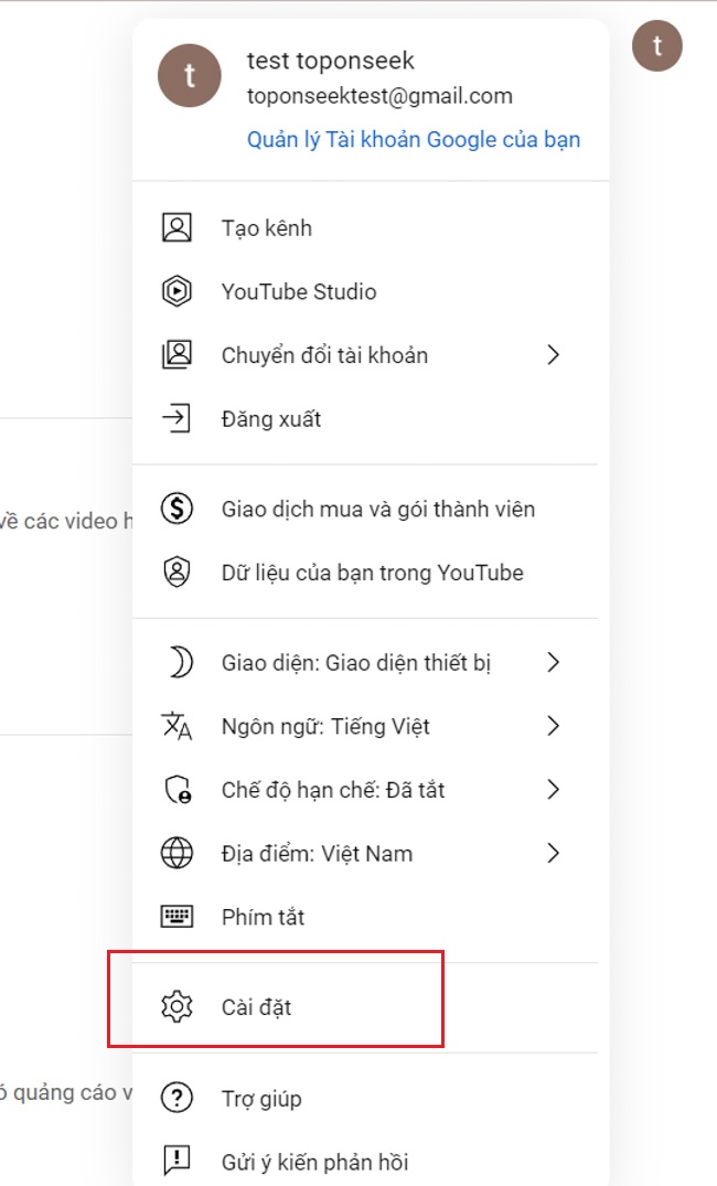 vào mục Setting ở biểu tượng ảnh đại diện để bắt đầu tạo kênh Youtube trên máy tính