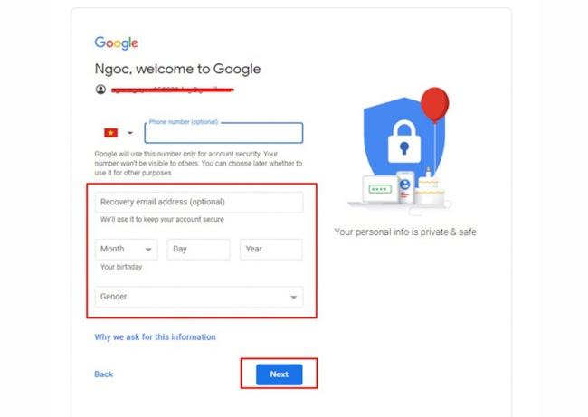 điền tiếp email khôi phục, ngày tháng năm sinh, giới tính