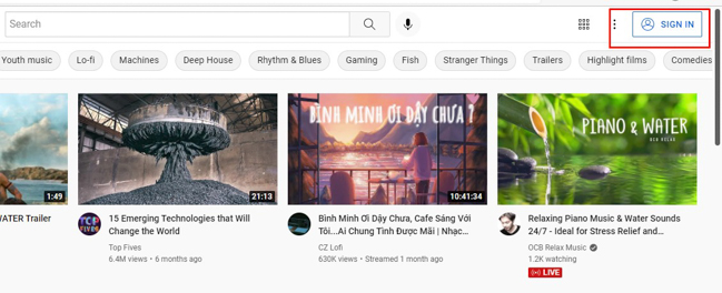 cách lập kênh Youtube là truy cập Youtube và chọn mục Sign in