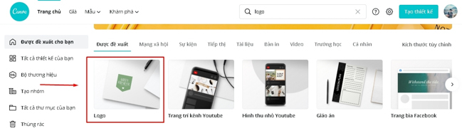 chọn mục Logo để bắt đầu cách tạo logo cho kênh Youtube