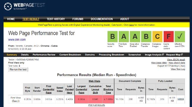 WebPageTest - App đo tốc độ tải trang web