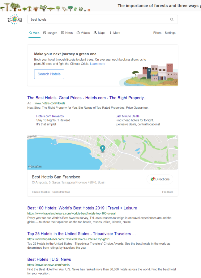 Ảnh chụp màn hình 'khách sạn tốt nhất', Search Engine Ecosia, tháng 8/2021