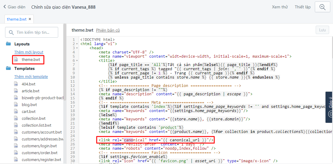 Chèn đoạn mã canonical vào file theme.bwt