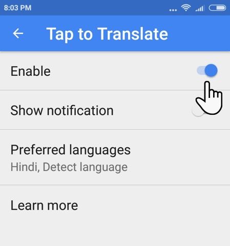 bật tính năng Nhấn để dịch trong google translate