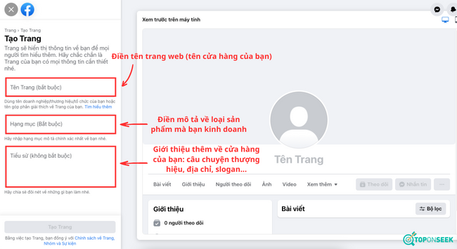 Điền đầy đủ thông tin để tạo trang Fanpage Facebook của bạn