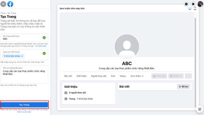 tạo page bằng facebook