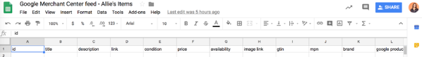 bảng tính do Google Merchant Center cung cấp