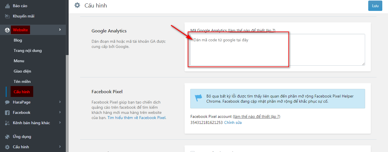 Cấu hình ID Google Analytics
