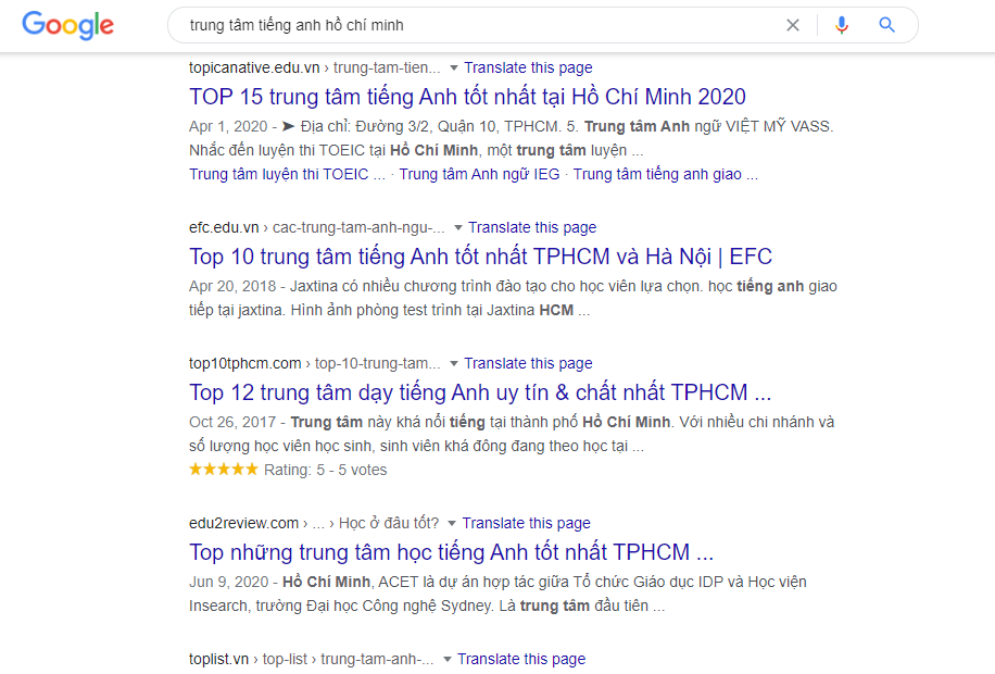 Các kết qủa hiển thị trên Google