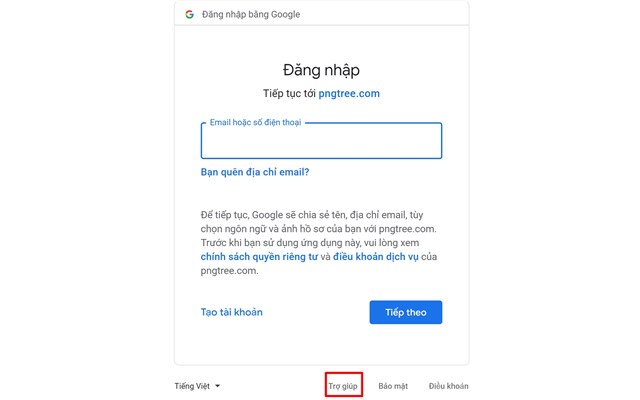 Truy cập vào đăng nhập Gmail → Chọn “Trợ giúp”