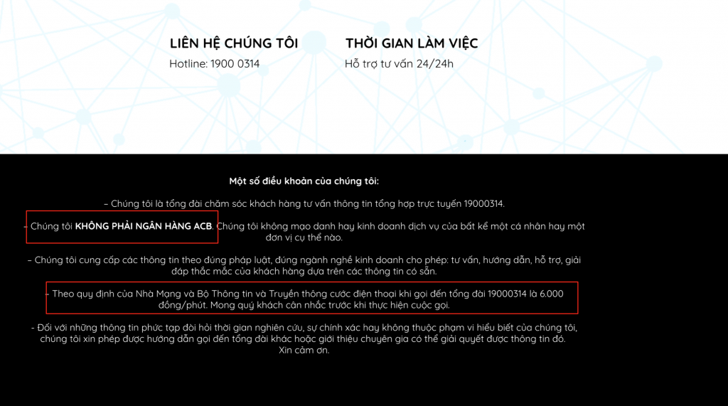 Thông tin khuyến cáo trước khi thực hiện cuộc gọi vào tổng đài ma.