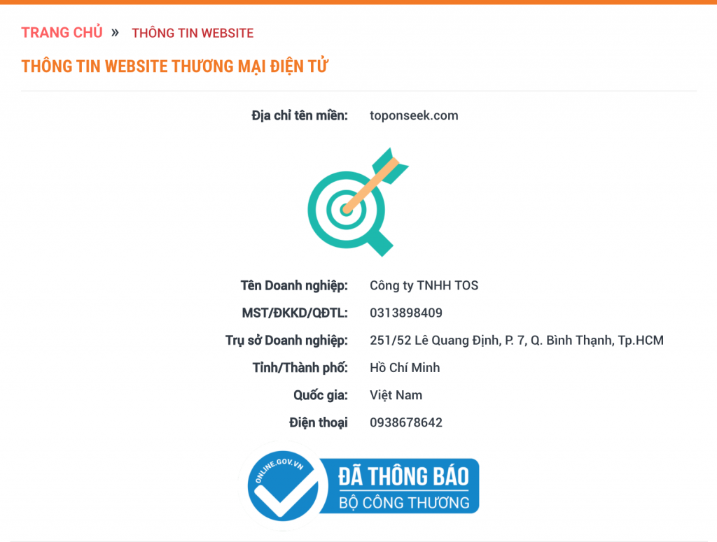 Thông tin website doanh nghiệp đã đăng ký với Bộ Công Thương