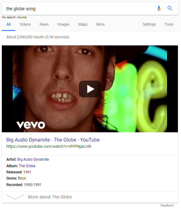 Kết quả SERP của Google cho The Globe, bài hát của Big Audio Dynamite II