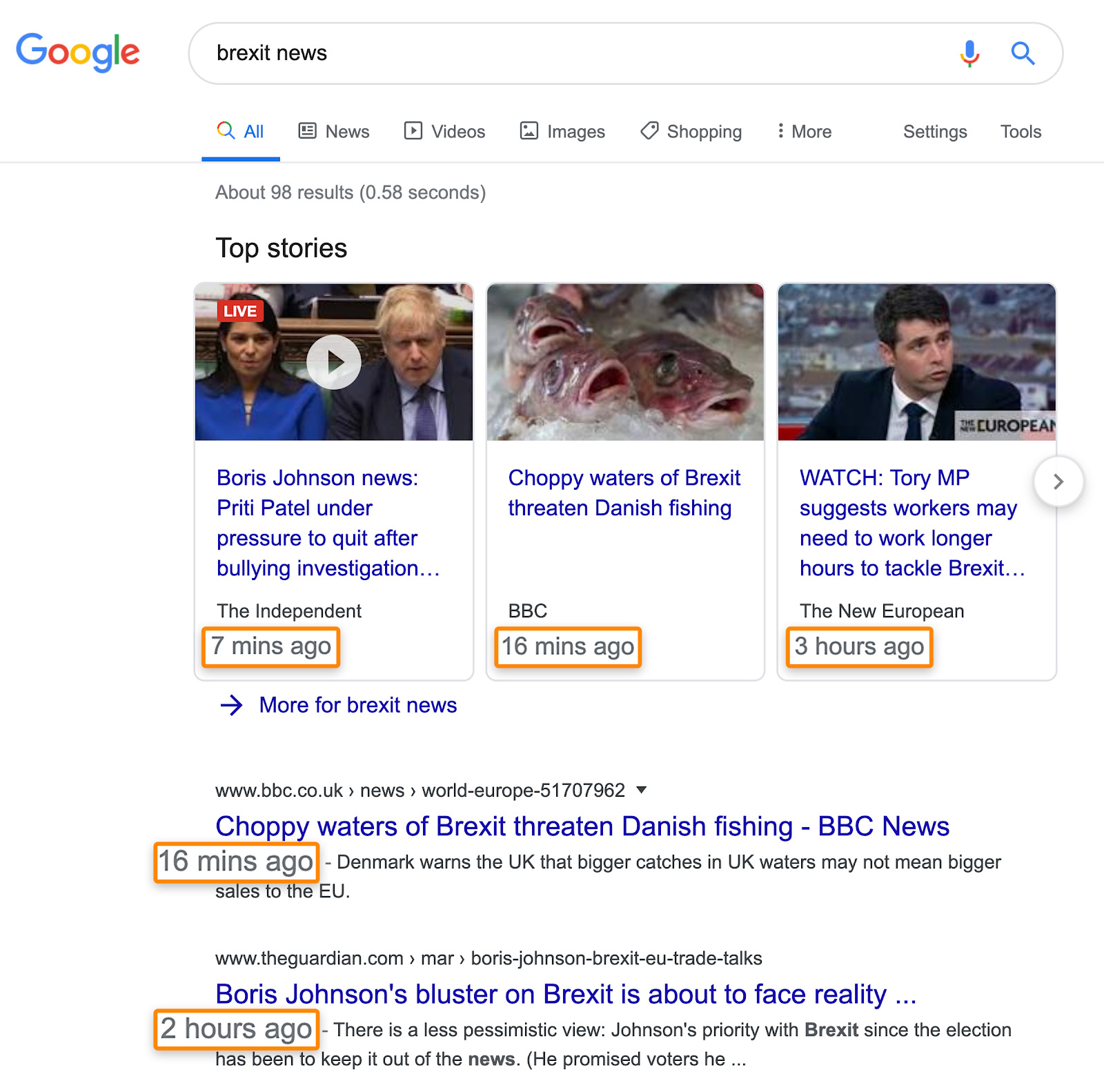 tất cả các kết quả cho “tin tức Brexit” là rất mới. Google thậm chí còn cho thấy một tính năng “câu chuyện hàng đầu” với kết quả từ vài giờ qua.