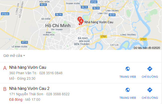  tìm kiếm cho một nhà hàng cụ thể, có thể trả về bảng kiến thức bao gồm địa chỉ nhà hàng, số điện thoại, trang web và giờ tham quan.