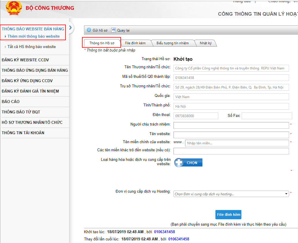 Điền các thông tin về website theo mẫu của Bộ Công Thương (nguồn: internet)