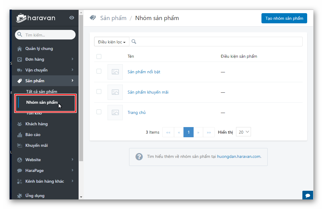 Tạo nhóm sản phẩm khi SEO Haravan