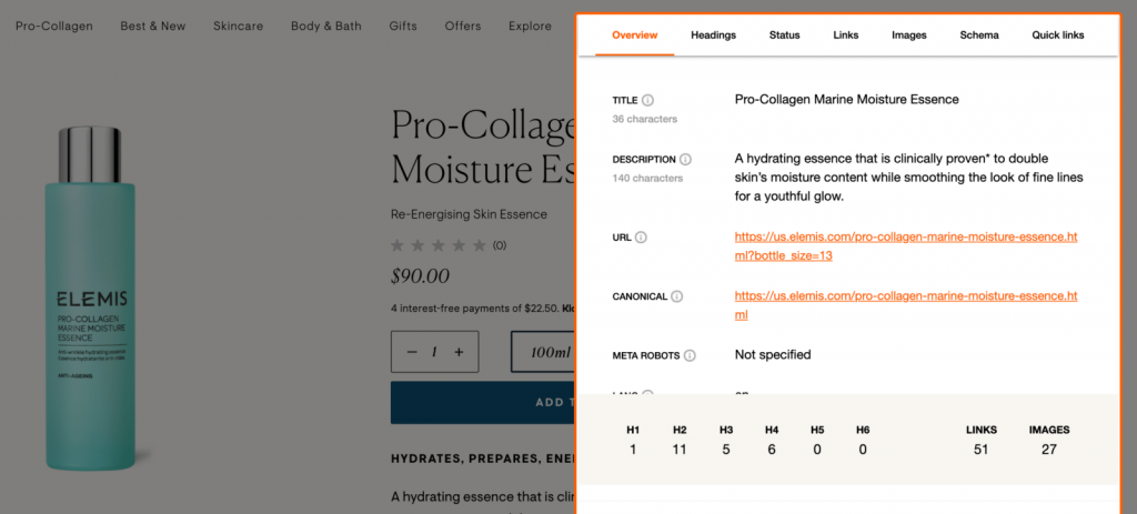 JavaScript làm được gì -  sử dụng tiện ích mở rộng SEO Pro để xem thẻ Tiêu đề và các thẻ quan trọng khác