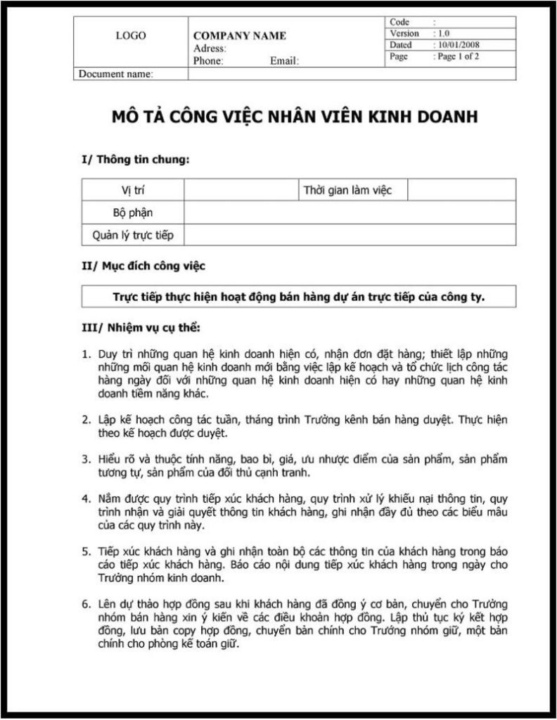 Mẫu JD vị trí Nhân viên kinh doanh