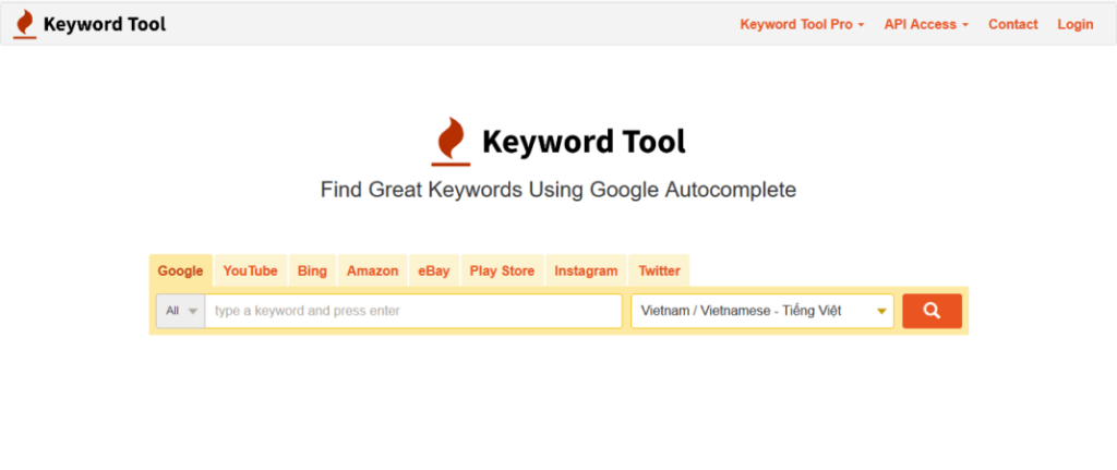 Giao diện website nghiên cứu từ khóa Keyword tool