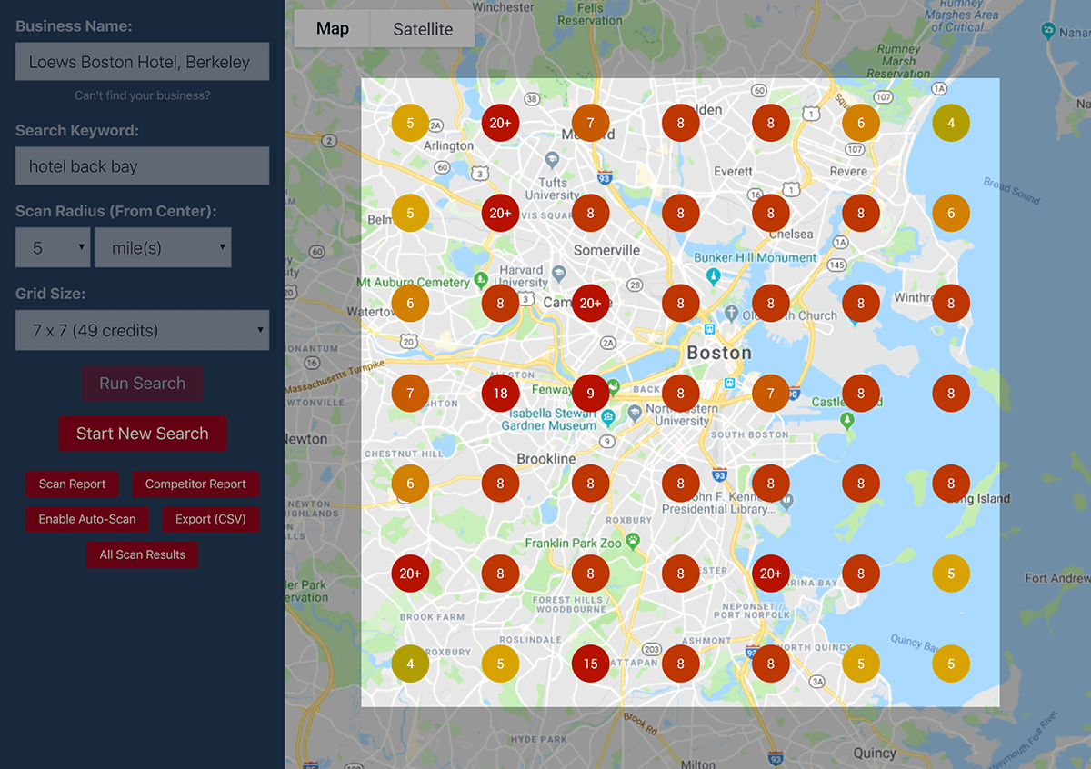 Local Falcon search results highlighted grid