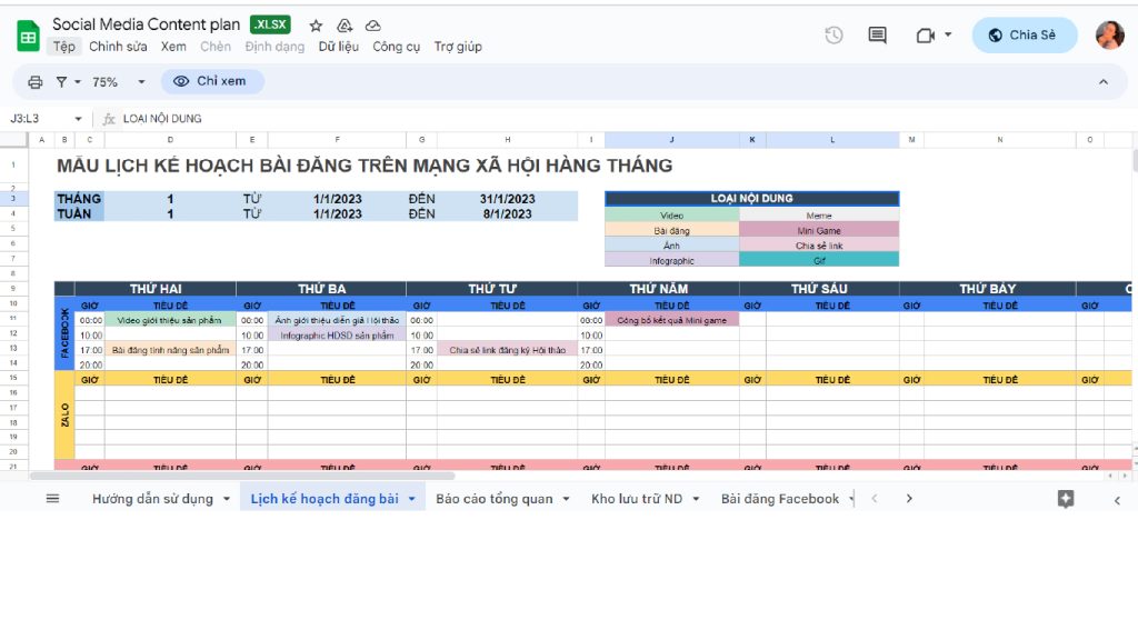 Mẫu template Plan Content hàng tháng