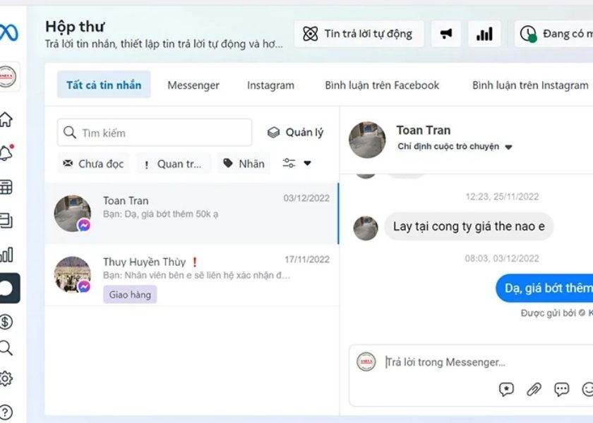 Tính năng của Meta Business Suite theo dõi hộp thư đến