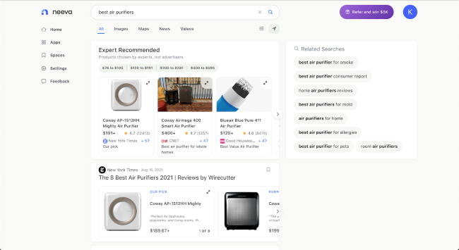 Ảnh chụp màn hình 'máy lọc không khí tốt nhất', Search Engine Neeva tháng 8/2021
