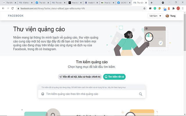 giao diện của thư viện quảng cáo Facebook | TopOnSeek