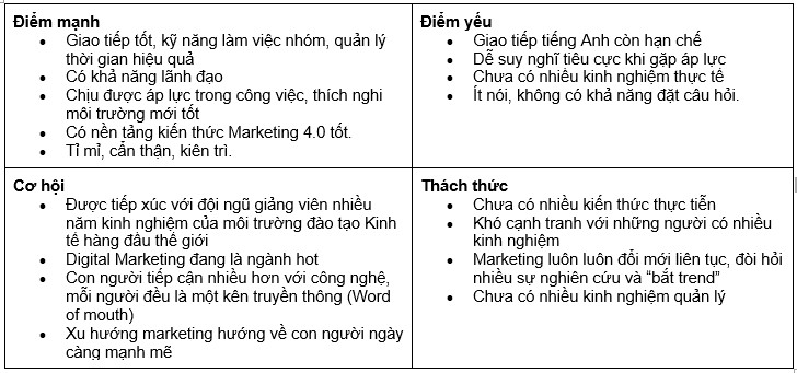 Bài mẫu phân tích SWOT bản thân (Nguồn: Internet)