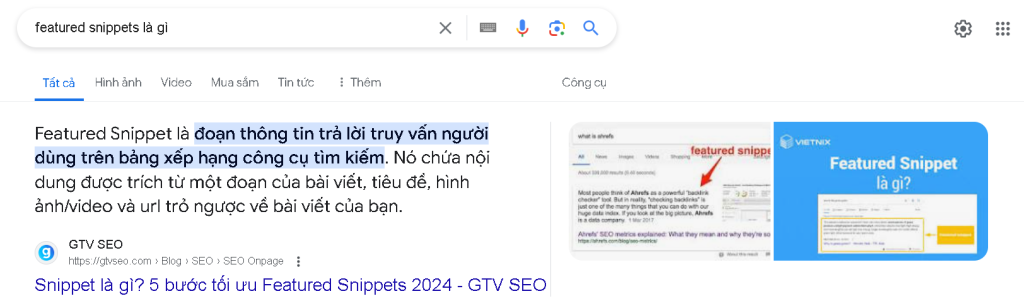 Featured Snippet cung cấp câu trả lời trực tiếp và nội dung liên quan