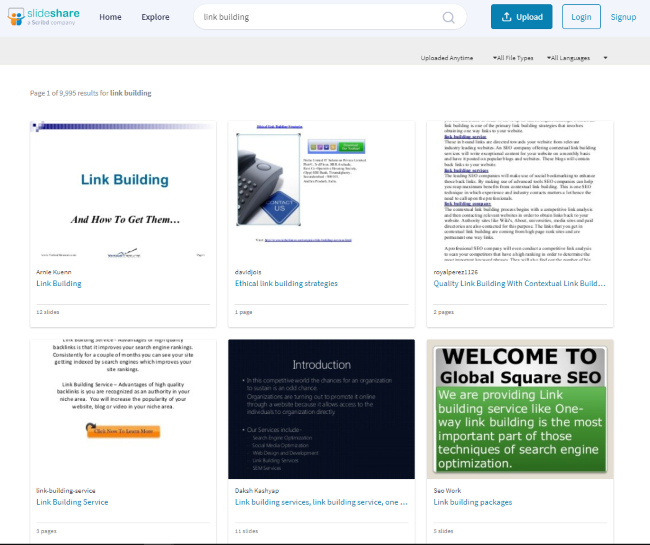 Ảnh chụp màn hình 'xây dựng liên kết', Search Engine Slideshare, tháng 8/2021