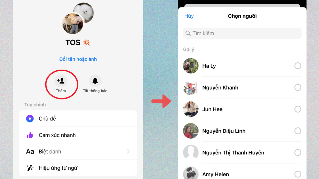 Thêm thành viên mới vào nhóm đã tạo trên messenger 