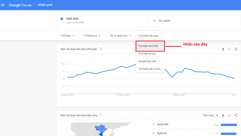 Chọn mục Tìm kiếm hình ảnh trong Google Trends để tìm kiếm chủ đề seo hình ảnh