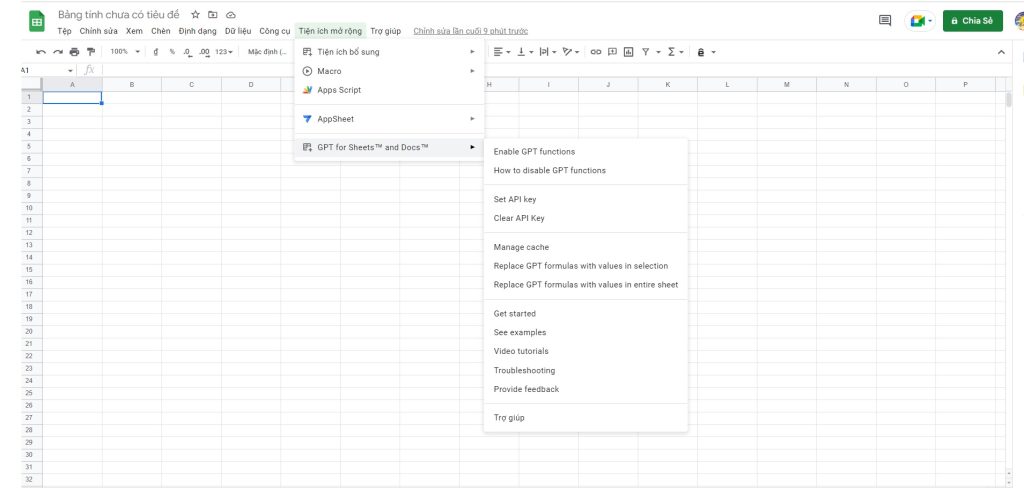 Google Sheets sau khi tải tiện ích